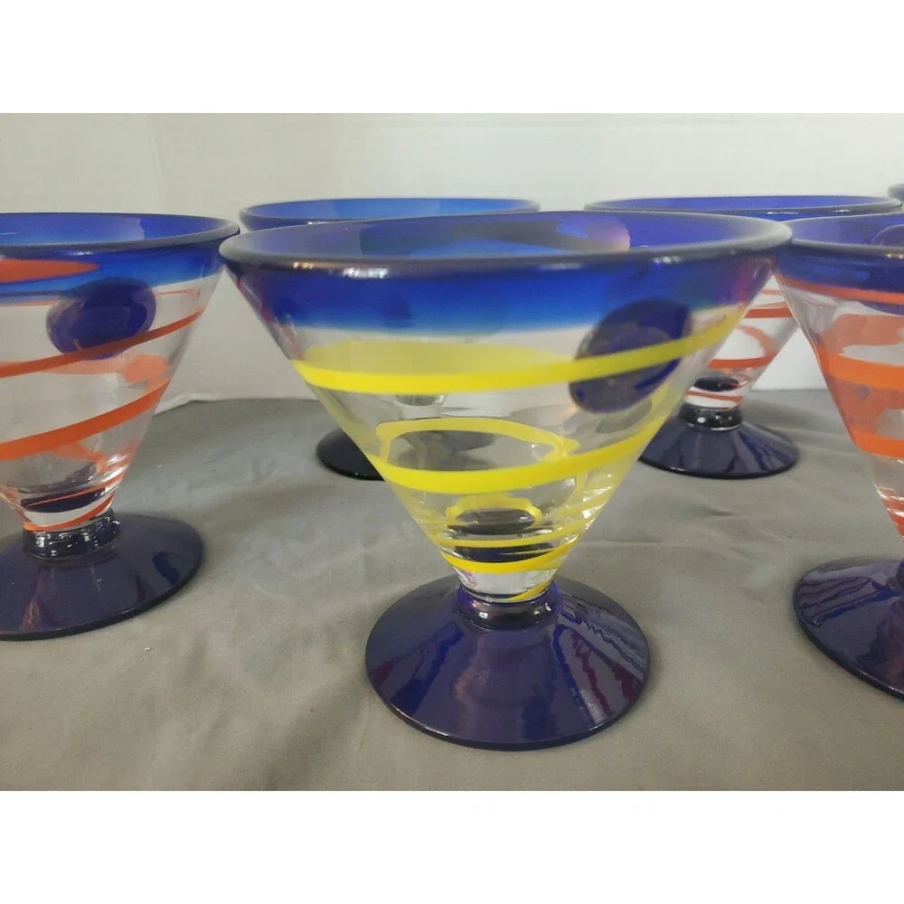 7 Vtg Royal Caribbean Cobalt Blue Swirl Blown Glass Dessert-Margarita Cruise